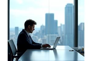 넓은 창밖으로 도시가 보이는 미니멀한 사무실에서 노트북으로 작업하는 창업가의 모습