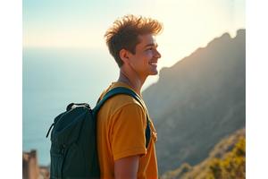 깔끔한 백팩과 최소한의 짐으로 자유롭게 여행하는 대학생의 모습